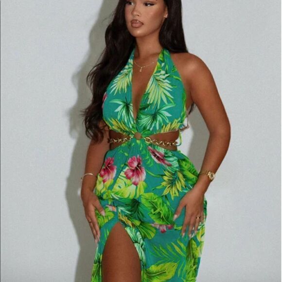 NWOT Fashion Nova Tropical Vacay Maxi Dress - Green - Picture 1 of 16